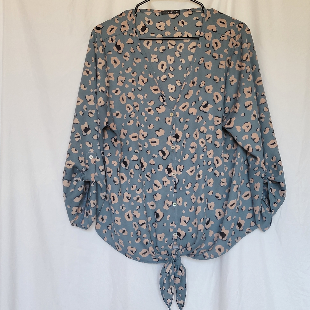 West Kei Blue Leopard Print Tie-Front Blouse